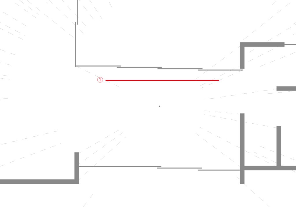 図2　床の線を赤線①を基準に描き込む